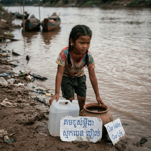 A girl holding containers for collecting water by a muddy riverbank with signs saying 'Our Water, Our Life'