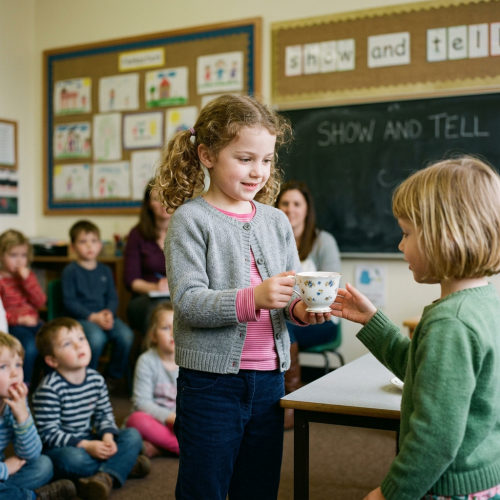 Two girls exchanging a decorative teacup in a classroom during show and tell
